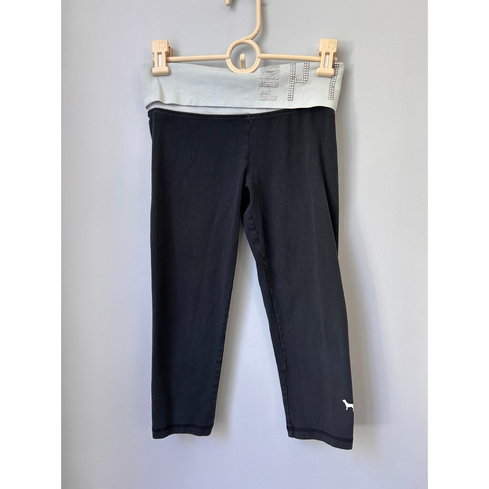 Victoria's Secret PINK Yoga Leggings XS Black Mint Rhinestone Foldover Capri